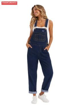 Stretch Denim Bib Overalls Loose Fit Straight Leg Women's Jumpsuit